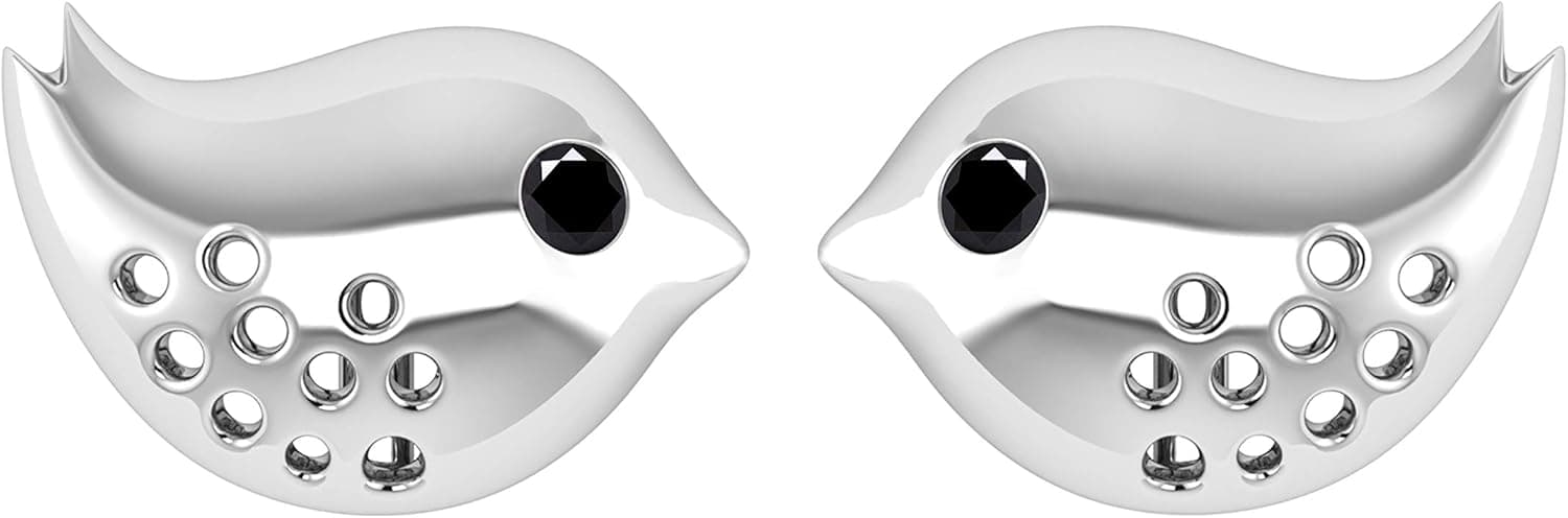 Pretty Jewels 0.05 Ct Black & White Real Diamond Baby Sparrow Stud Earrings W/Screw Back Gift For Bird Lover 14K Gold Finish 925 Sterling Silver