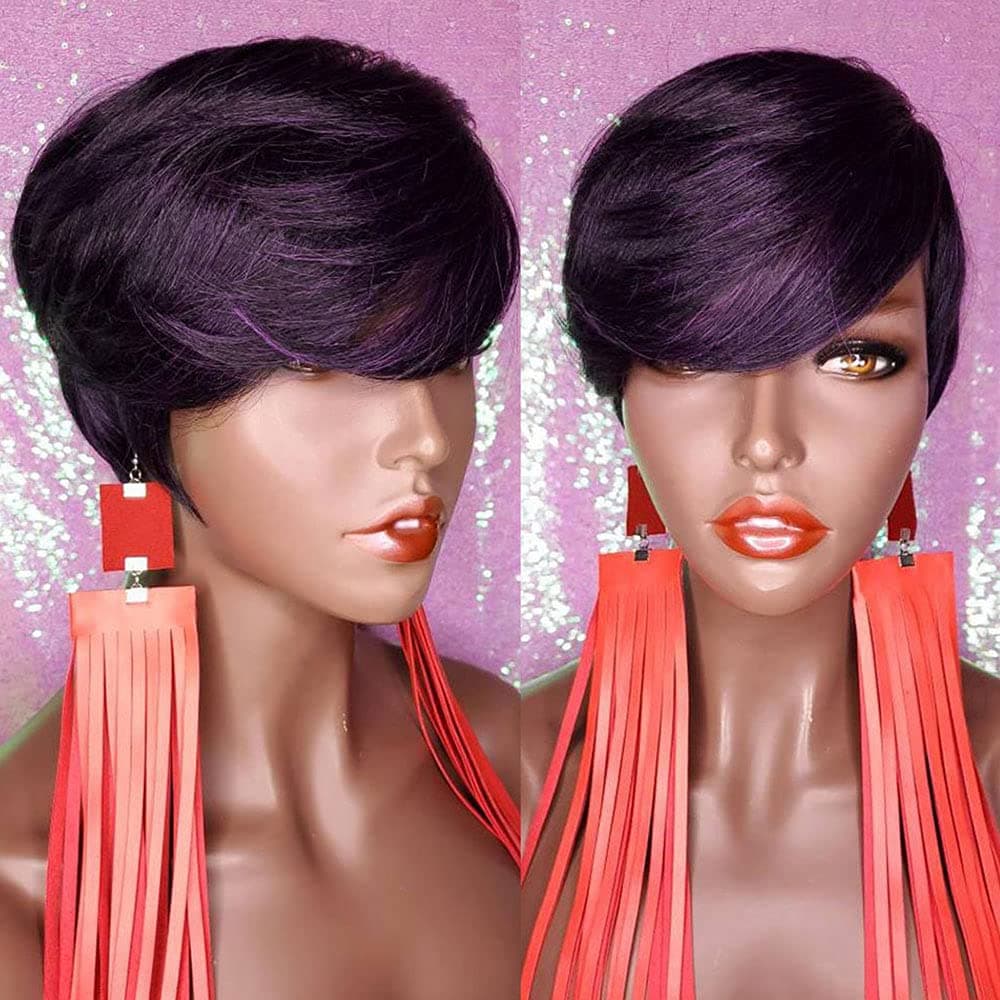 Kabadu Short Straight Pixie Cut Wigs 9A Brazilian Remy Hair Wigs 1b /purple wigs Human Hair Short Wig with Bangs Glueless Human Hair Wigs No Lace Natural Wigs (1B/Purple)
