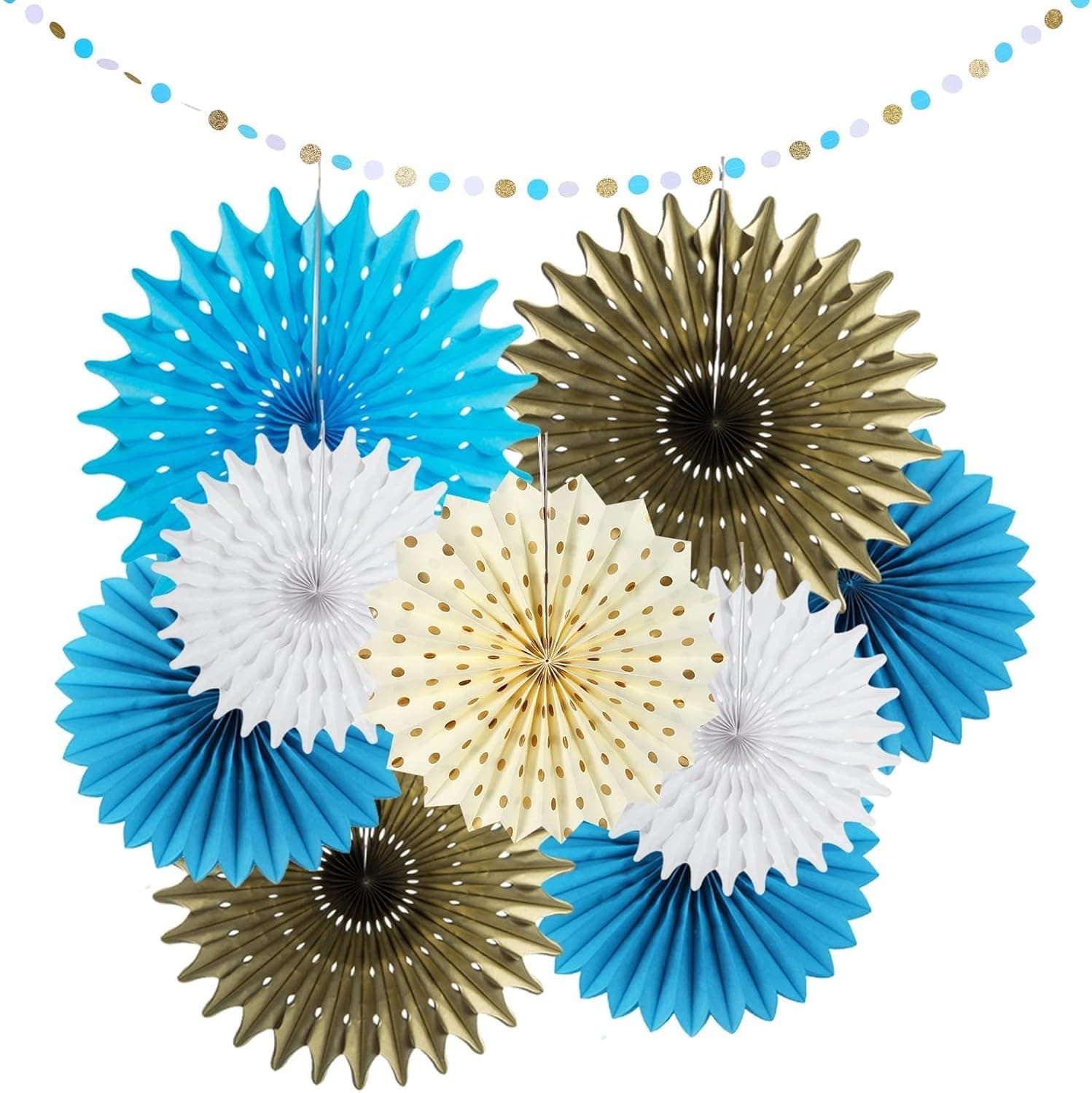 Blue Hanging Paper Fans Party Decoration Set Round Pattern Tissue Paper Garlands for Baby Shower Party Birthday Mother"s Day Wedding Festival Christmas Event and Home Classroom Decor 10 PCS