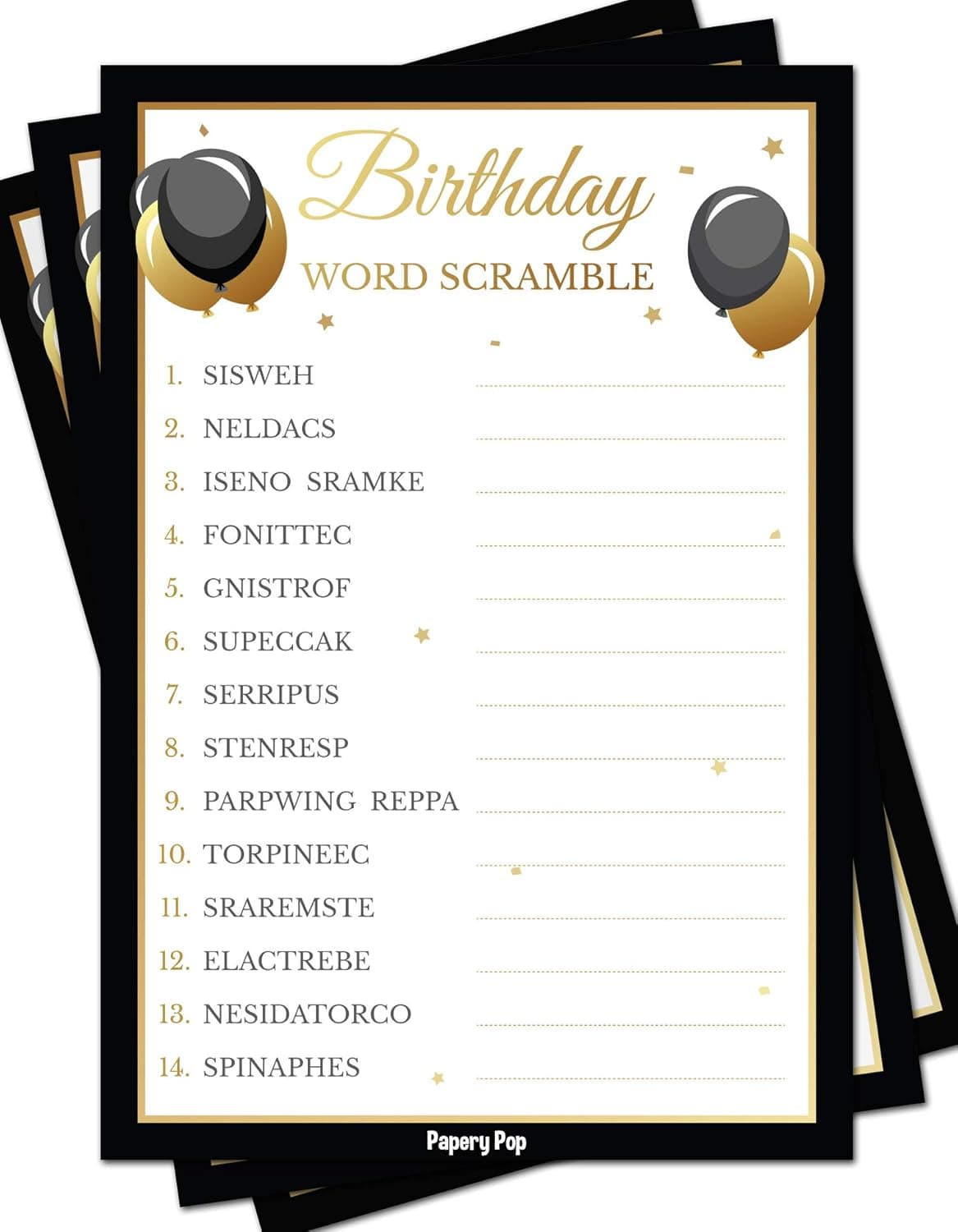 Birthday Party Word Scramble Game Cards (50 Pack) - Birthday Party Games Ideas Activities Supplies