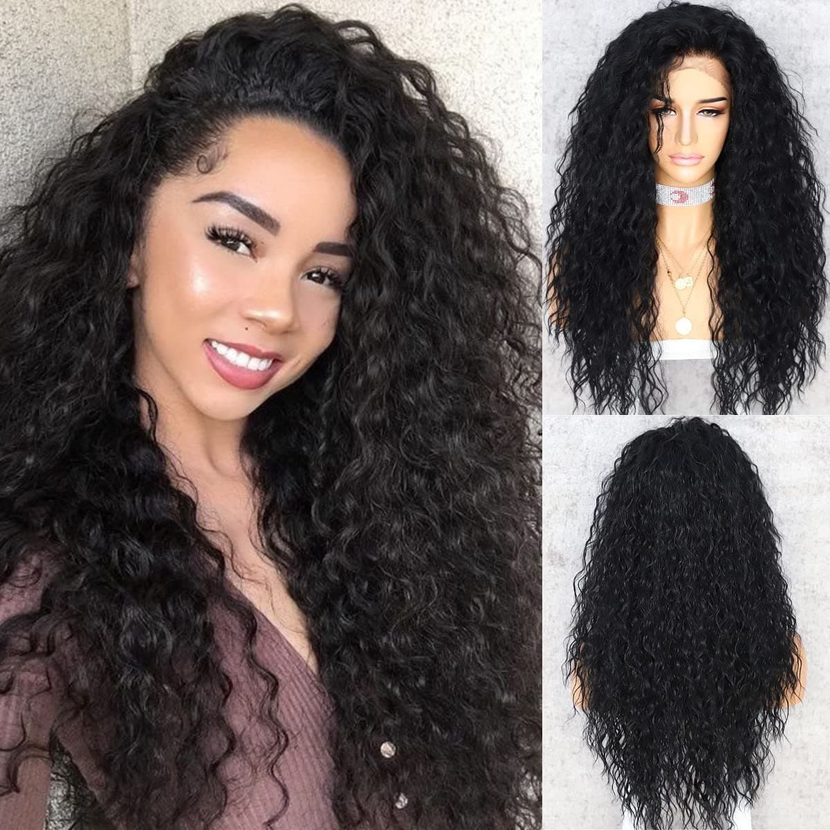 SAPPHIREWIGS Curly Lace Front Wigs for Black Women Long Black Wig Glueless Synthetic Loose Curly Wig Pre Plucked Hairline with Baby Hair Daily Party Use 26inch