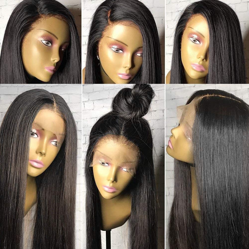 No Tangle 10A 360 Lace Frontal Wig 150% Density Pre Plucked Light Yaki Straight Natural Color Brazilian Virgin Human Hair Wigs for All Skin Women 16 Inch