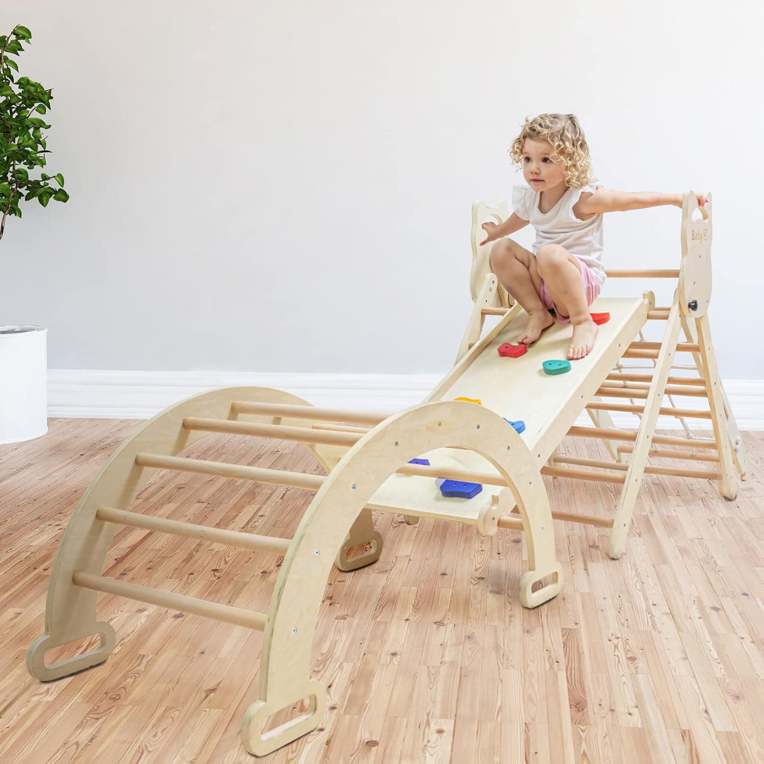 BABY K Pikler Triangle Montessori Climber (5 in 1) - Pikler Triangle with Climbing Rock Wall, Slide, Arch & Net - Foldable Wooden Climbing Set for Toddler Climbers Suitable for Outdoor & Indoor Gym