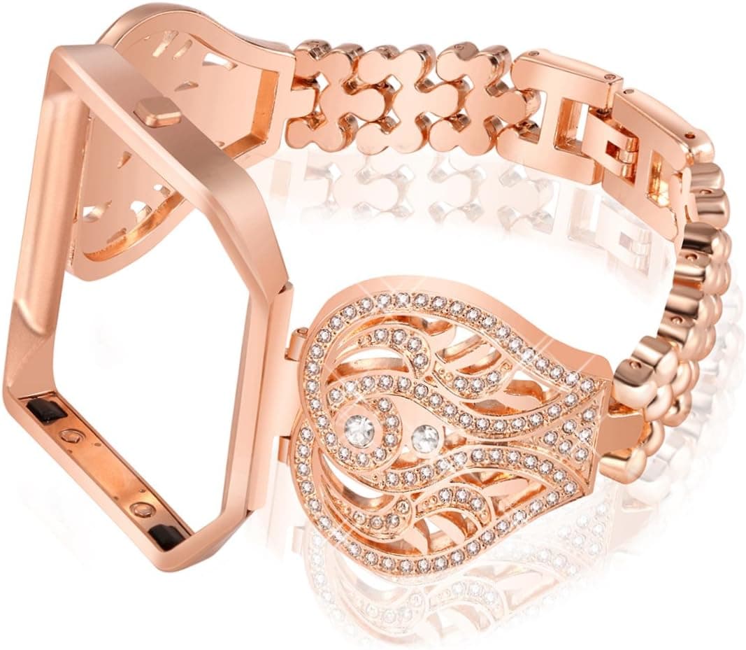 Nigaee for Fitbit Blaze Bands with Frame, Stainless Steel Replacement Band Compatible for Fitbit Blaze,Rhinestone Bling Accessories Wristband Strap for Women, Bracelet 2 Rose Gold