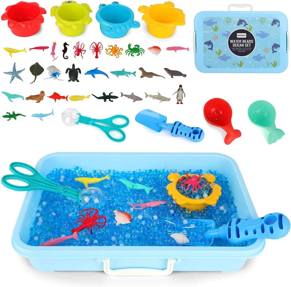Aomola Water Beads Play Set ,Sensory Toys for Kids with Water Beads, Sea Animals, Water Beads Tools， 37 PCS Ocean Toy Figures with Container Storage for 3, 4, 5 Year Old Toddlers