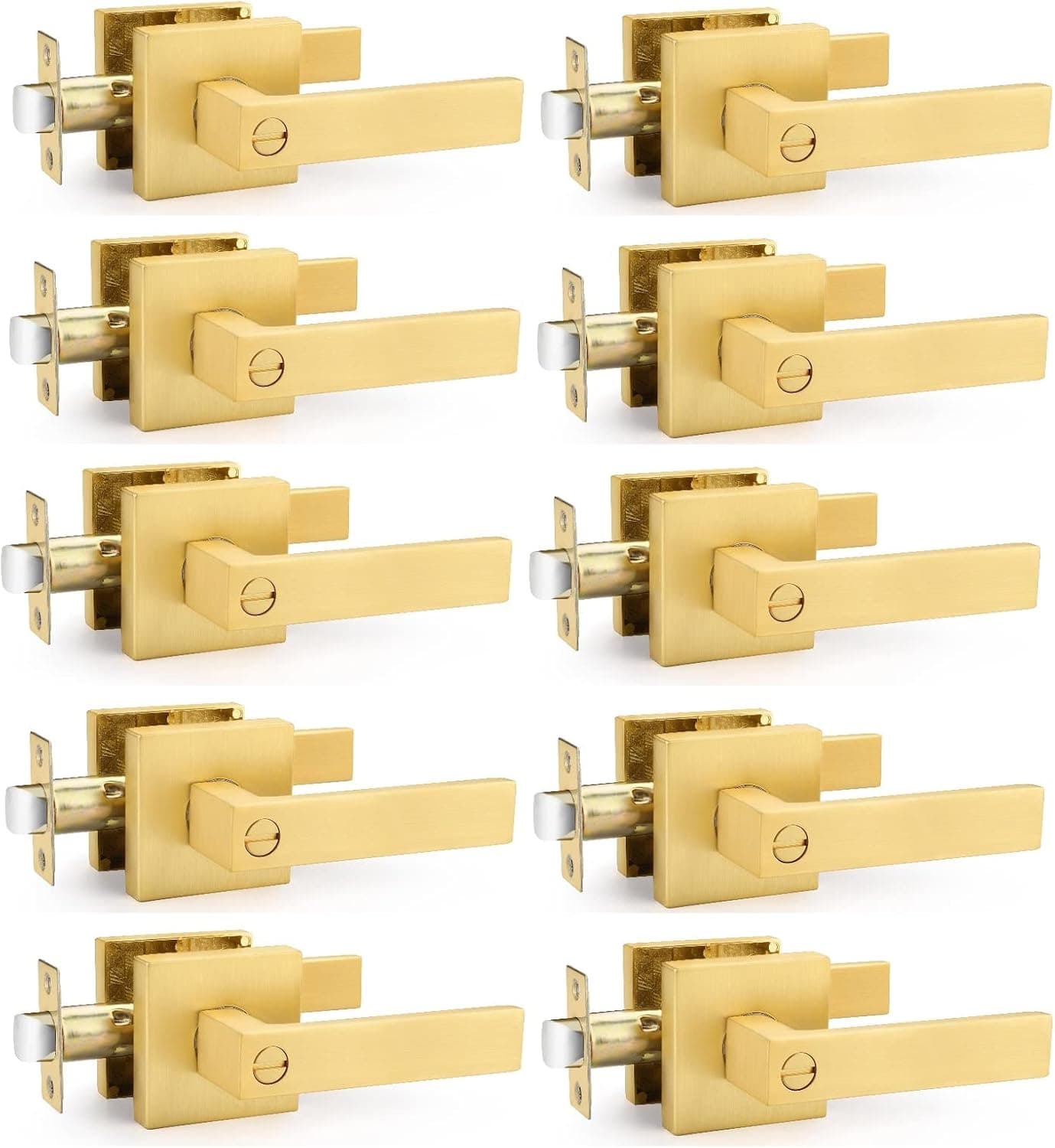 10 Pack Lever Door Knob, Bedroom Door Knobs with Lock, Privacy Door Lever Bed and Bath Leverset Lockset, Left or Right Handing, Satin Brass Finish