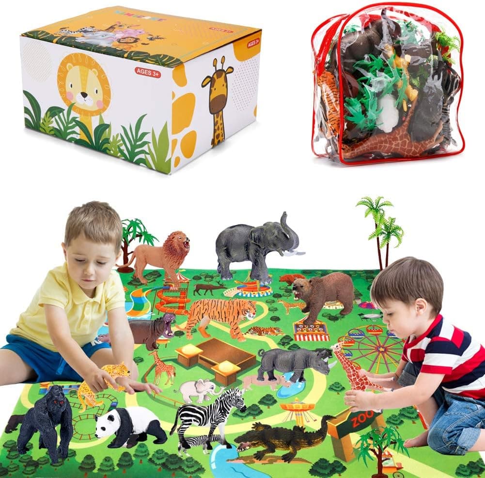 Safari Zoo Animals Figures Toys with Activity Play Mat & Trees, Hand Painted Plastic Animals Figurines, Realistic African Jungle Wild Animals Educational Playset for Kids Boys Girls, 22 Piece