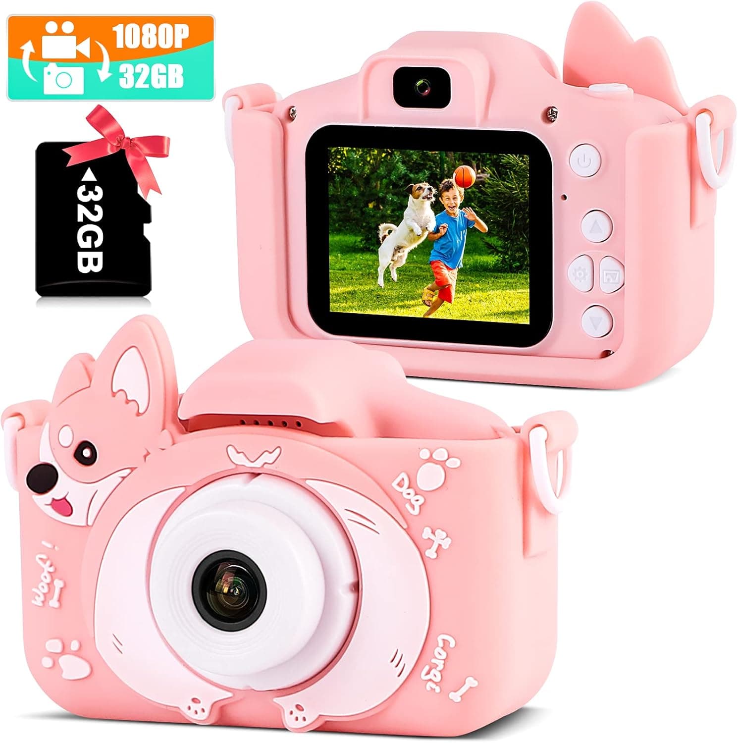 Corgi Kids Camera, Toddler Digital 1080P Upgrade Camera for Christmas Birthday Gifts, Cute 20.0MP Camera for Children with 32G SD Card, Portable Toy for 3 4 5 6 7 8 Years Old Girls Boys (Pink)