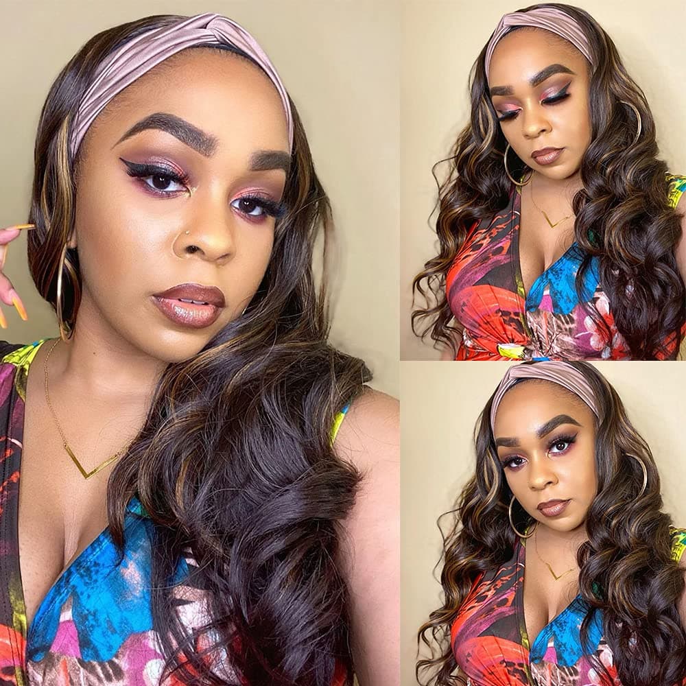 U/D Body Wave Headband Wig for Women 26 Inches Long Wavy Synthetic Hair Wig Mixed Brown Blonde Highlights Wig With Headband for All Occasions(24Inch, Highlights), 26 Inch (Pack of 1)