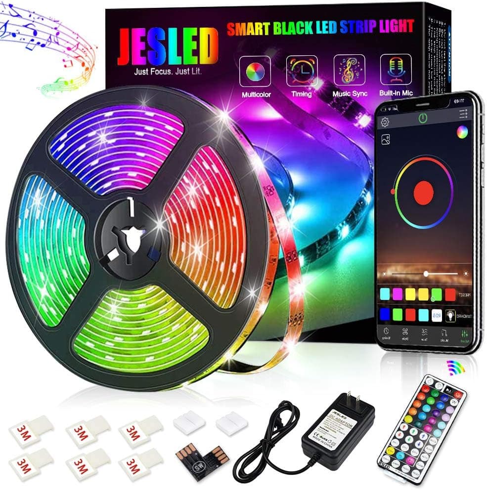 JESLED Bluetooth LED Strip Lights 16.4ft, RGB Light Strips Music Sync, 5050 RGB Color Changing LED Strips with Remote, Flexible Black Light RGB LED Lights for Bedroom TV Home Kitchen Party Decoration