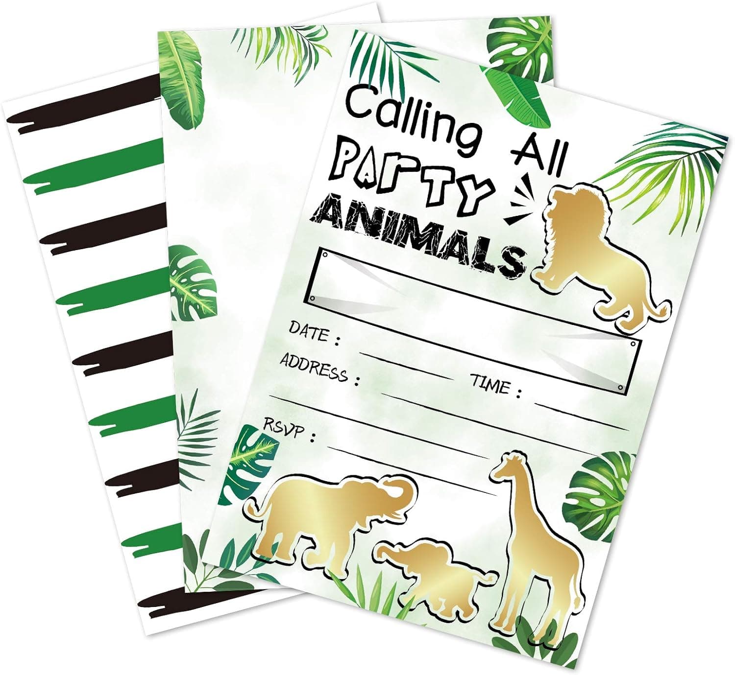 Gold Jungle Animal Party Invitations - 20 Fill-in Invitation Cards with Envelopes for Kids Boys Safari Theme Birthday Party Supplies Double-Sided Printed Tropical Safari Animals Invites