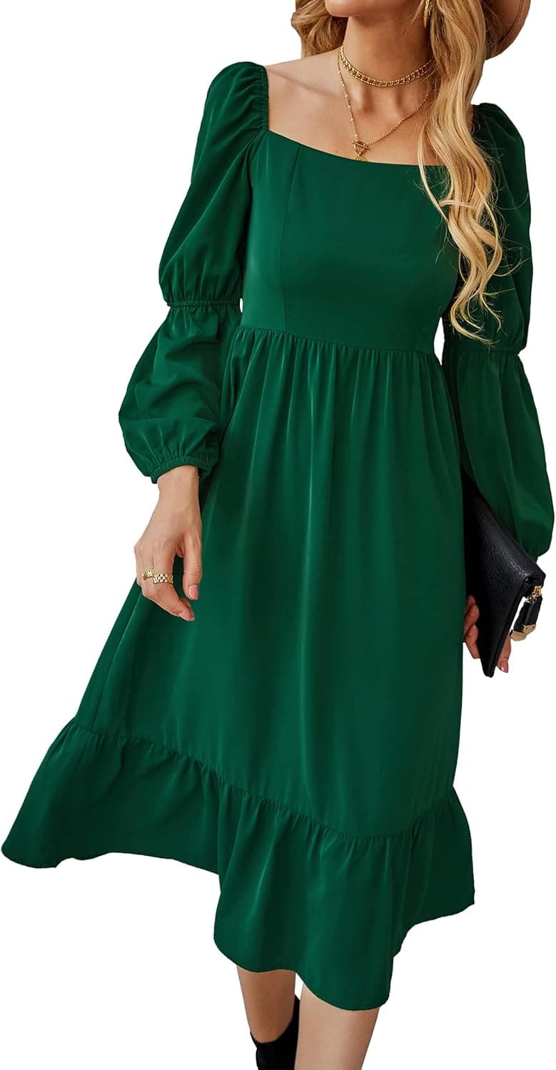 AOVDE Women's Square Neck 3/4 Sleeve Dress Solid Color High Waist Fall Dress Casual Party Flowy Midi Dress