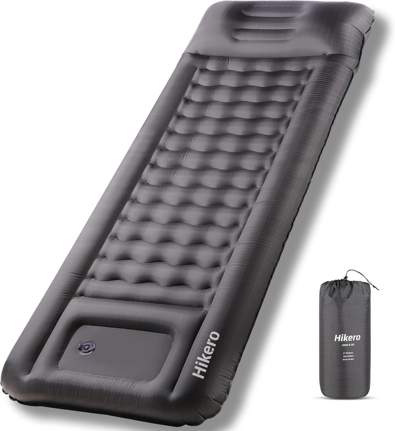 Hikero Sleeping Pad for Camping, Extra Thickness 6 Inch Self Inflating Sleeping Pad with Pillow Built-in Pump, Compact Ultralight Camping Mat for Camping, Backpacking, Hiking, Tent