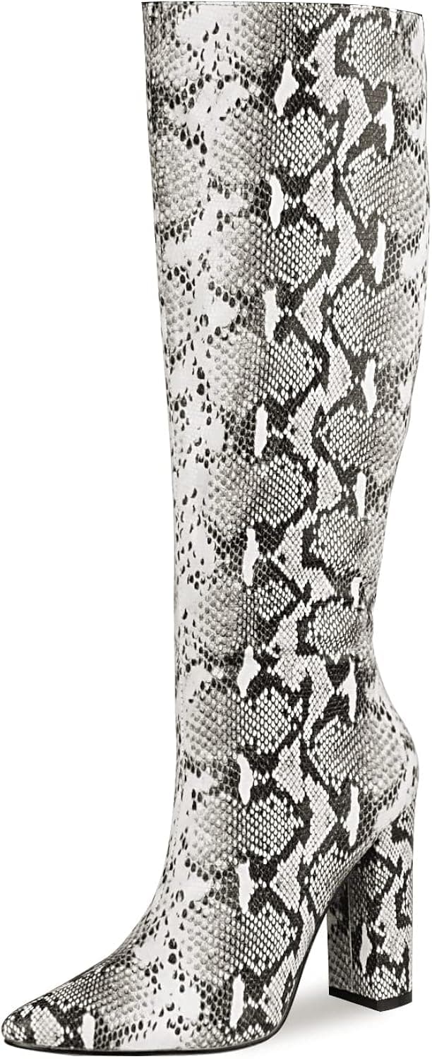 WETKISS Womens Knee High Colorful Snakeskin Boots, Snake Print Chunky High Heels Pointed Toe Zipper Slouch Shoes