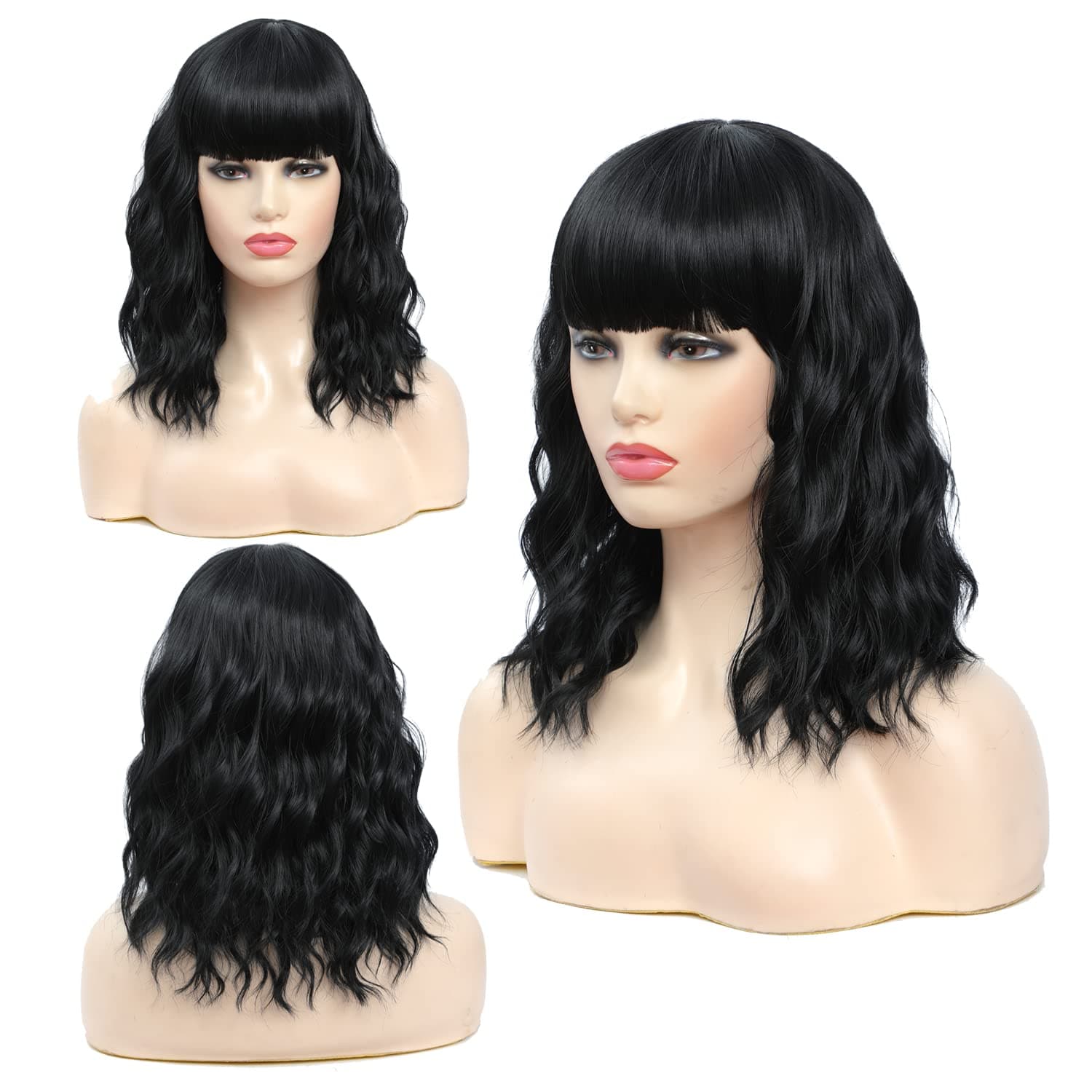 Realways Short Wavy Wigs With Bangs for Women Natural Black Curly Bob Wigs for Daily Using Shoulder Medium Length Wigs Natural Looking Synthetic Heat Resistant Fiber Hair Wigs 14 Inch