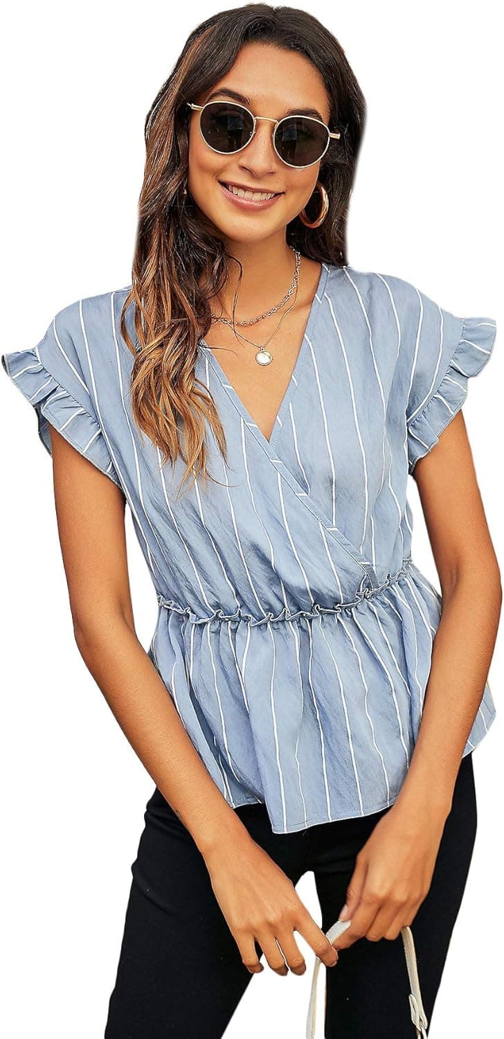 SheIn Women's Striped Flounce Short Sleeve Wrap V Neck Ruffle Peplum Blouse