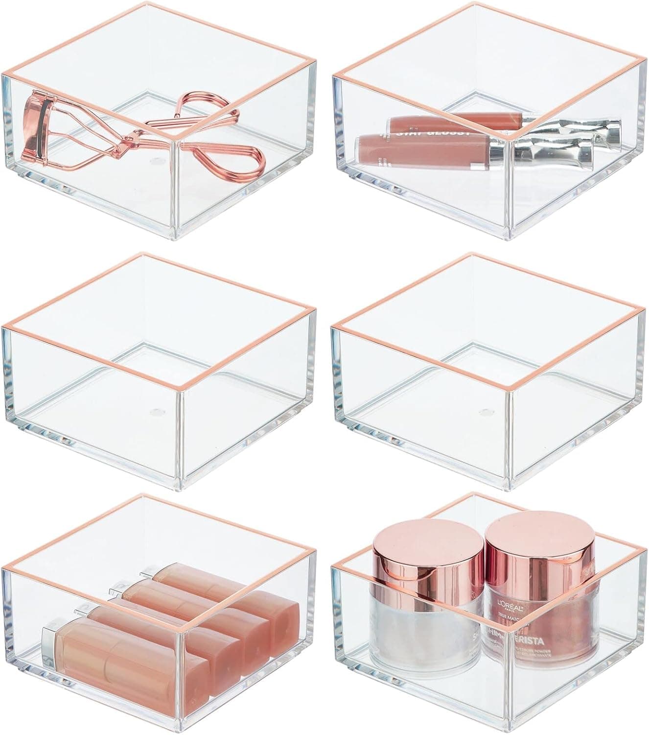 mDesign Plastic Beauty Organizer Bin for Bathroom Drawers, Vanity, or Countertops, Storage for Makeup Brushes, Palettes, Blush, Concealers, or Hair Ties, Lumiere Collection, 6 Pack, Clear/Rose Gold