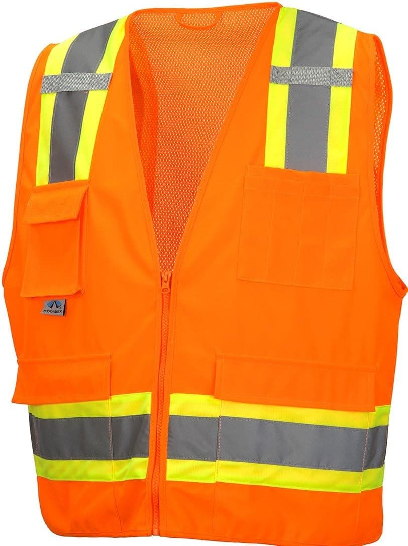 Pyramex Class 2 Surveyor's Safety Vest with 8 Pockets, Hi-Vis Orange, Large
