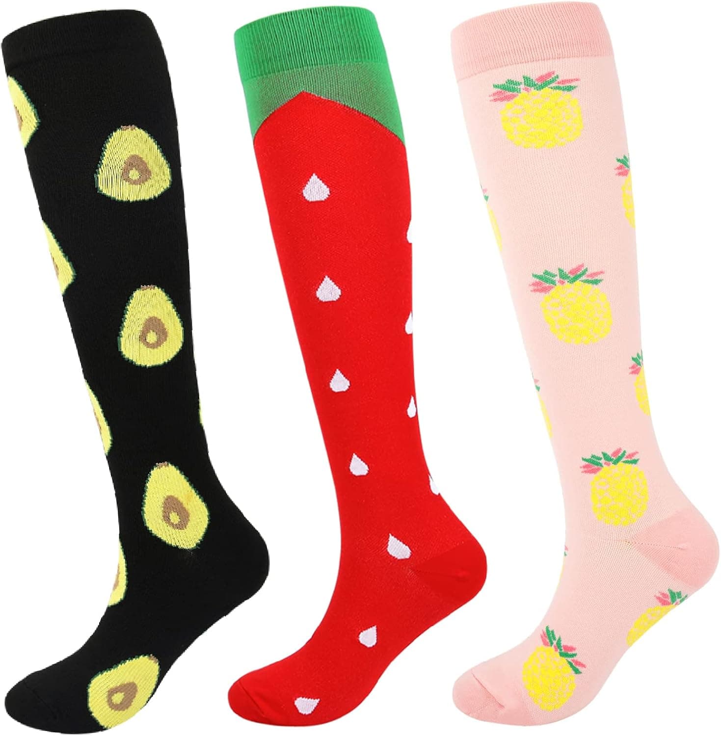 Compression Socks for Women Knee High Socks with Avocado Strawberry Pineapple for Support Circulation Nurse Pregnancy Sports Running Travel Flight Christmas Gifts Black Red Pink