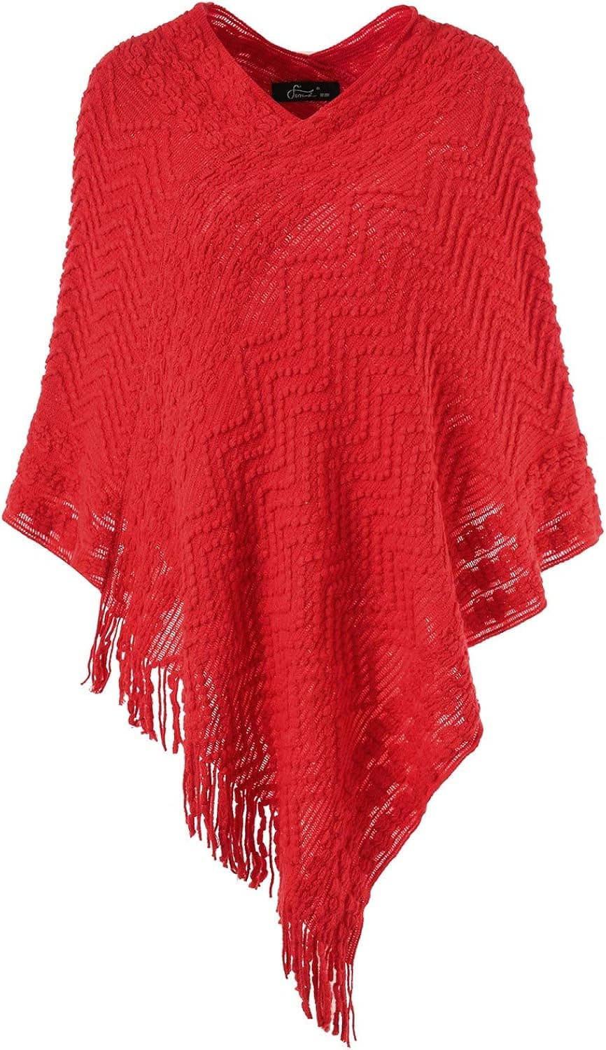 Ferand Women's Elegant Cozy Poncho Sweater with Chevron Stripes and Fringes
