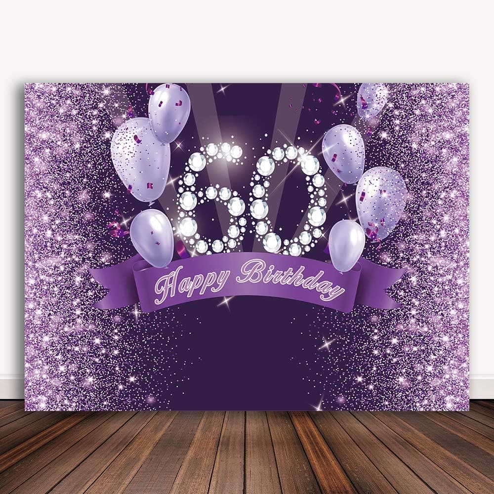 Bellimas Glitter Purple Balloons 60th Birthday Party Backdrop Happy Birthday 60 Photo Background Women Sixty Birthday Cake Table Photography Banner Props
