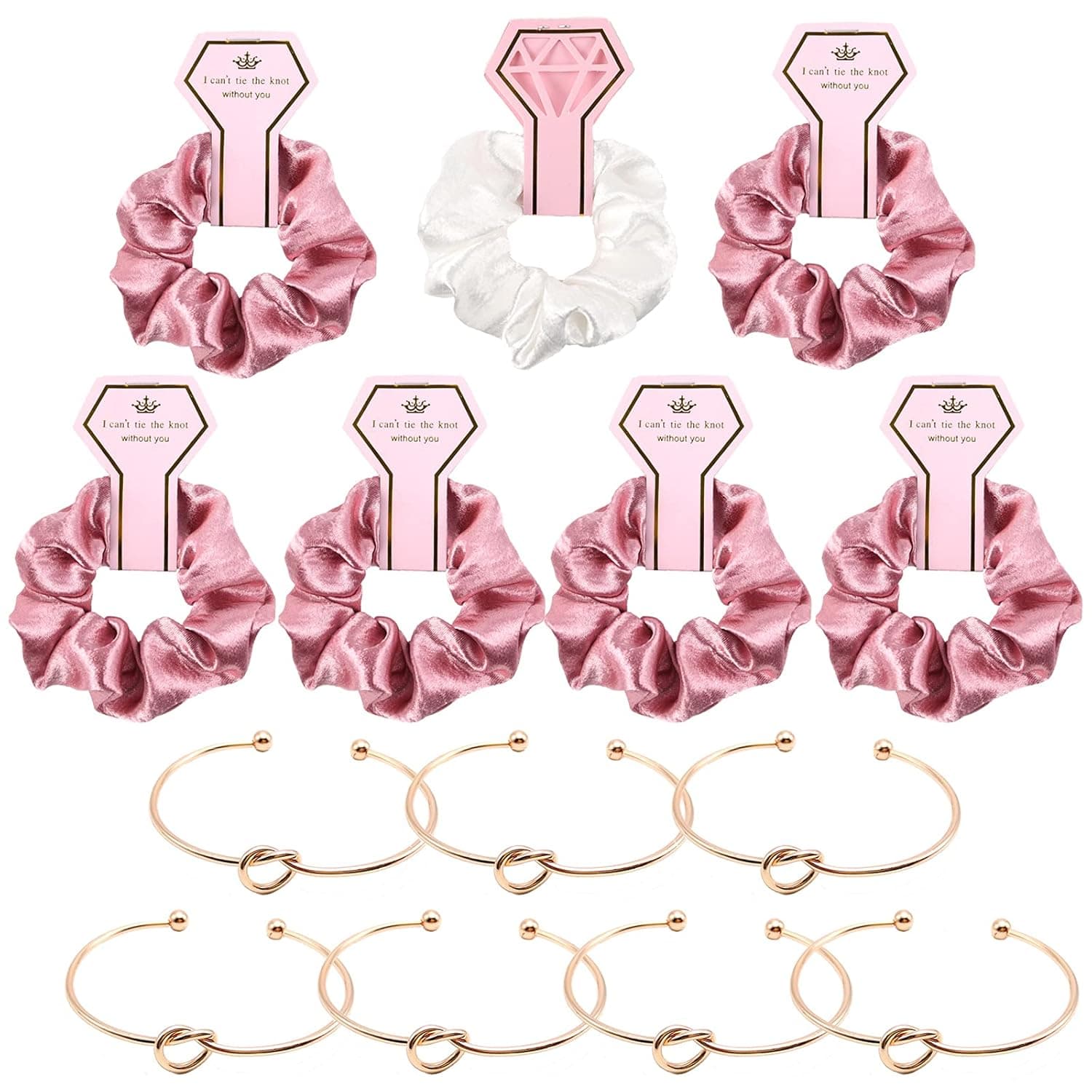 Set of 14 Bridesmaid Proposal Gifts Set Include 1 Pcs White & 6 Pink Hair Ties Large Satin Hair Scrunchies 7 Rose Gold Knot Bracelet Bachelorette Party Favors Wedding Bridal Shower Gifts Set