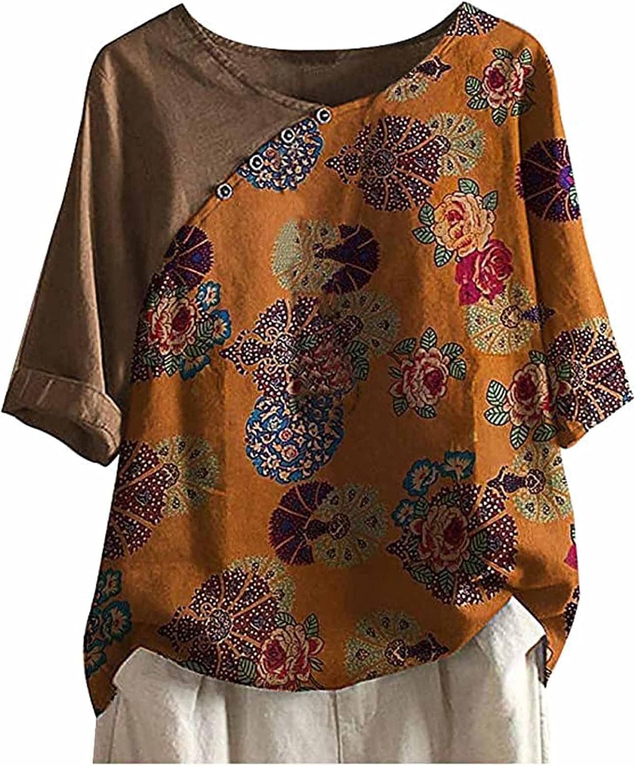Women Summer Cotton Linen Tshirt Tops Trendy Casual Loose Fit Tunic Tees 3/4 Sleeve Plus Size Floral Button Blouses