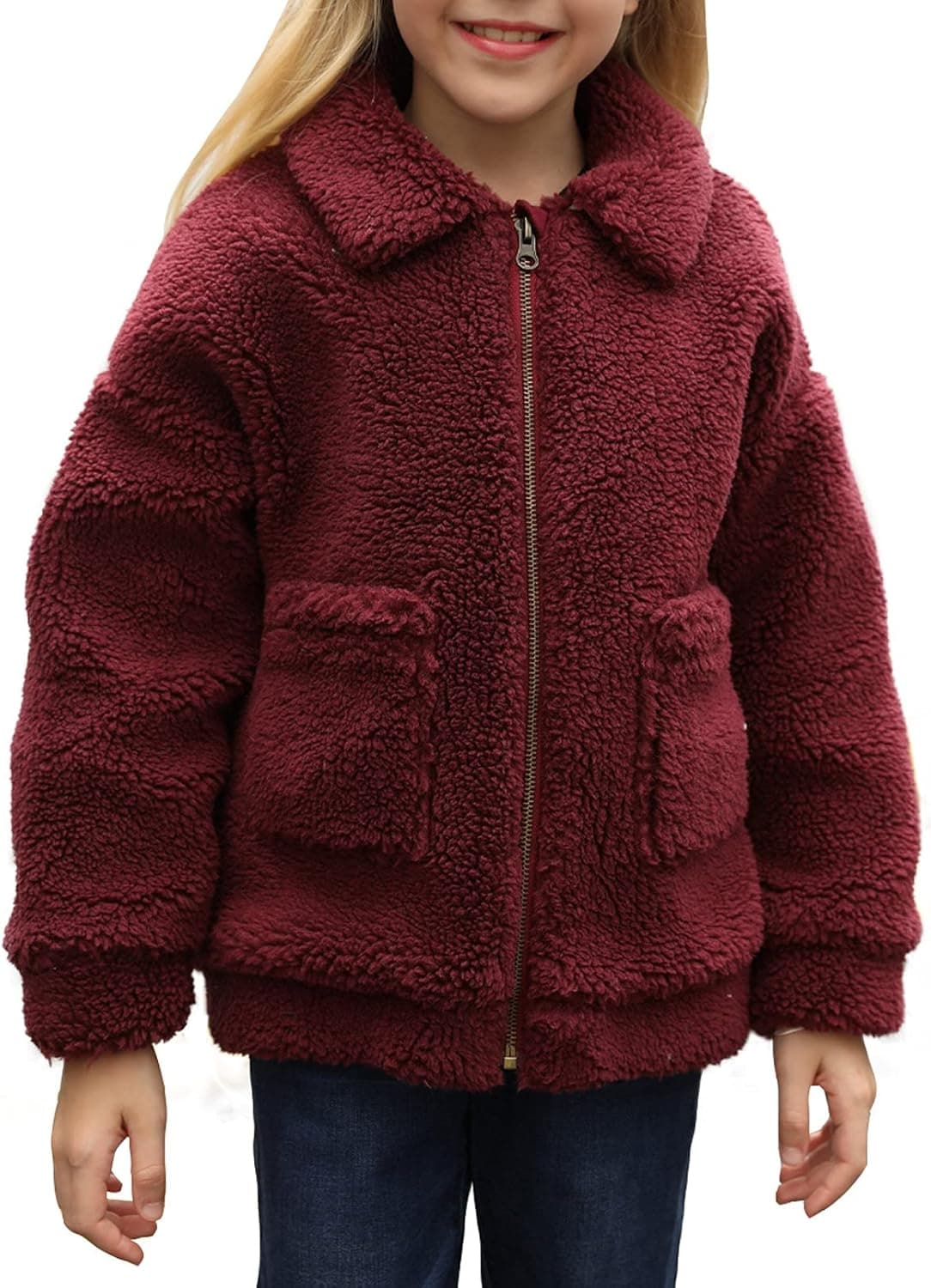 Sidefeel Girl's Soft Lapel Fleece Zip Up Faux Shearling Fluffy Cropped Jacket Coat