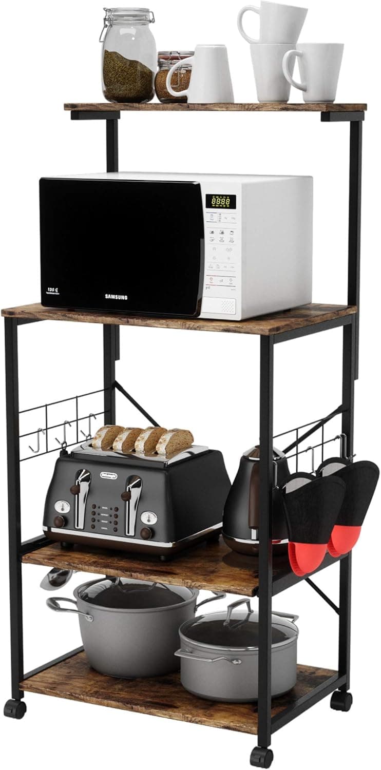 Bestier Kitchen Baker's Rack with Oven Mitts and 10 Side Hooks Utility Storage Shelf Microwave Stand Cart on Wheels, Kitchen Organizer Rack 4 Tier Shelves Adjustable Feet(Rustic Brown, Duck Mittens)