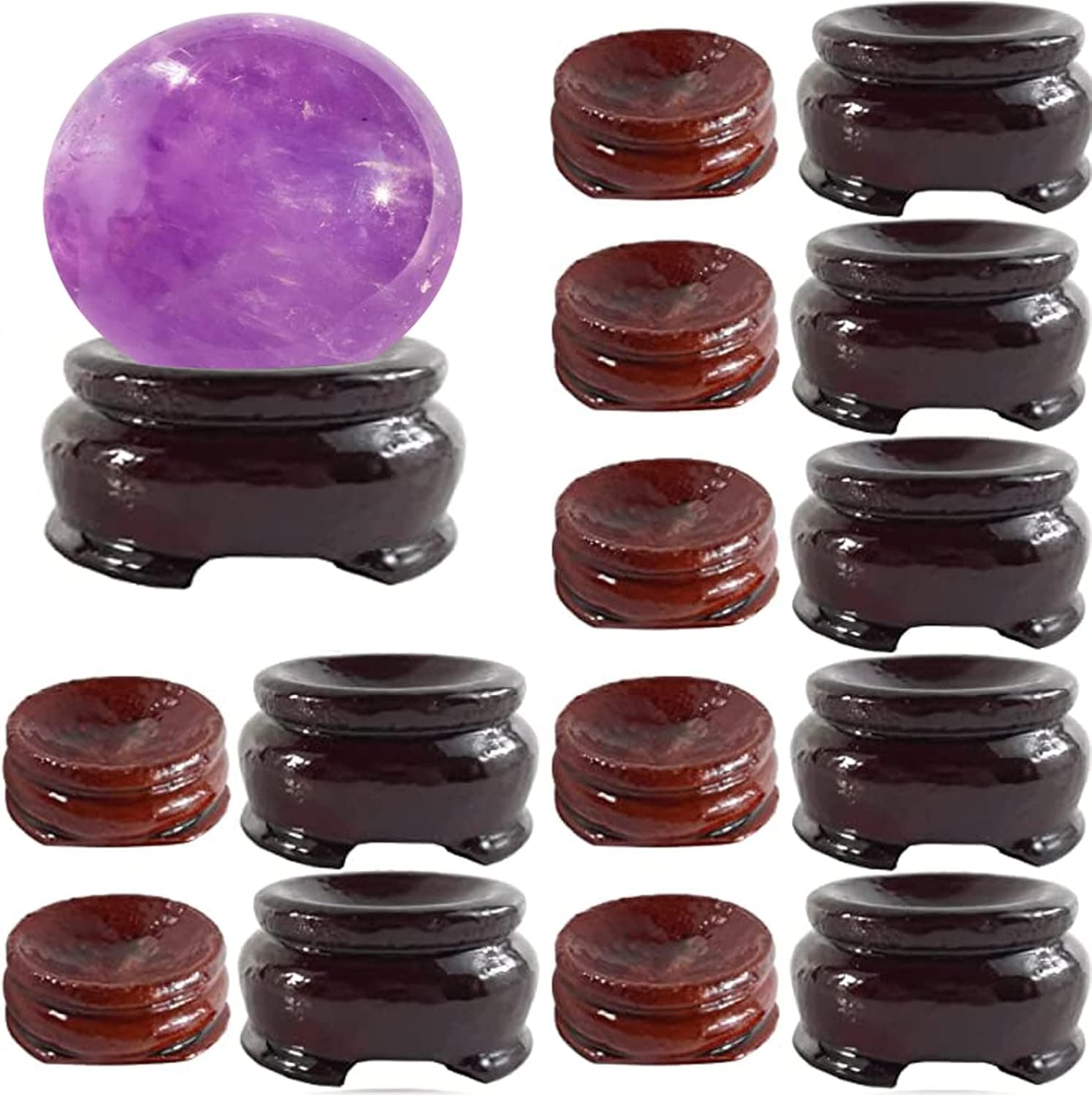 KAZETEC 2 Sizes Wooden Egg Stands Holders Displays Stand Ball Egg Base for Crystal Ball Sphere Globe Stone Decor Dark Red Color 1.2inch(7PCS)&1.5inch(7PCS )
