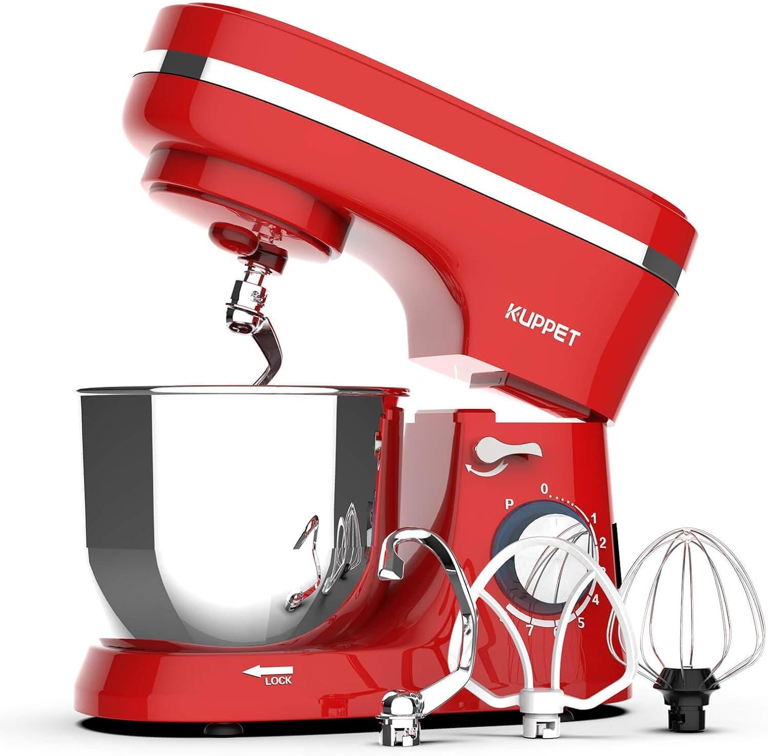 Kuppet Stand Mixer, 8-Speed Tilt-Head Electiric Food Stand Mixer with Dough Hook, Wire Whip & Beater, Pouring Shield, 4.7QT Stainless Steel Bowl. (Red) (Renewed)