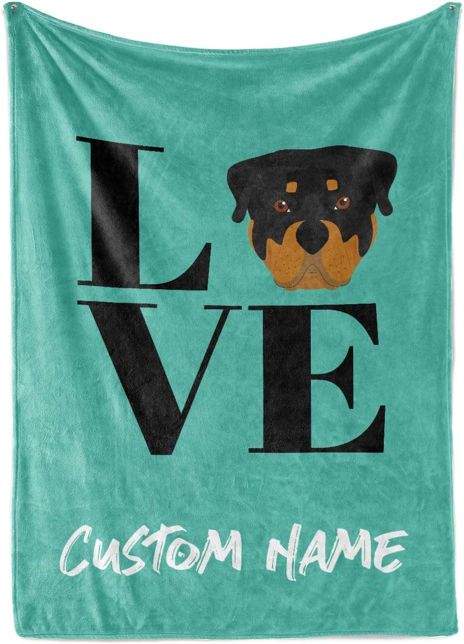 Love My Rottweiler Custom Name Fleece Throw Blanket - Personalized Lightweight Snuggly Blankets for Dogs Dog Lovers Mom Dad Kids Family Time