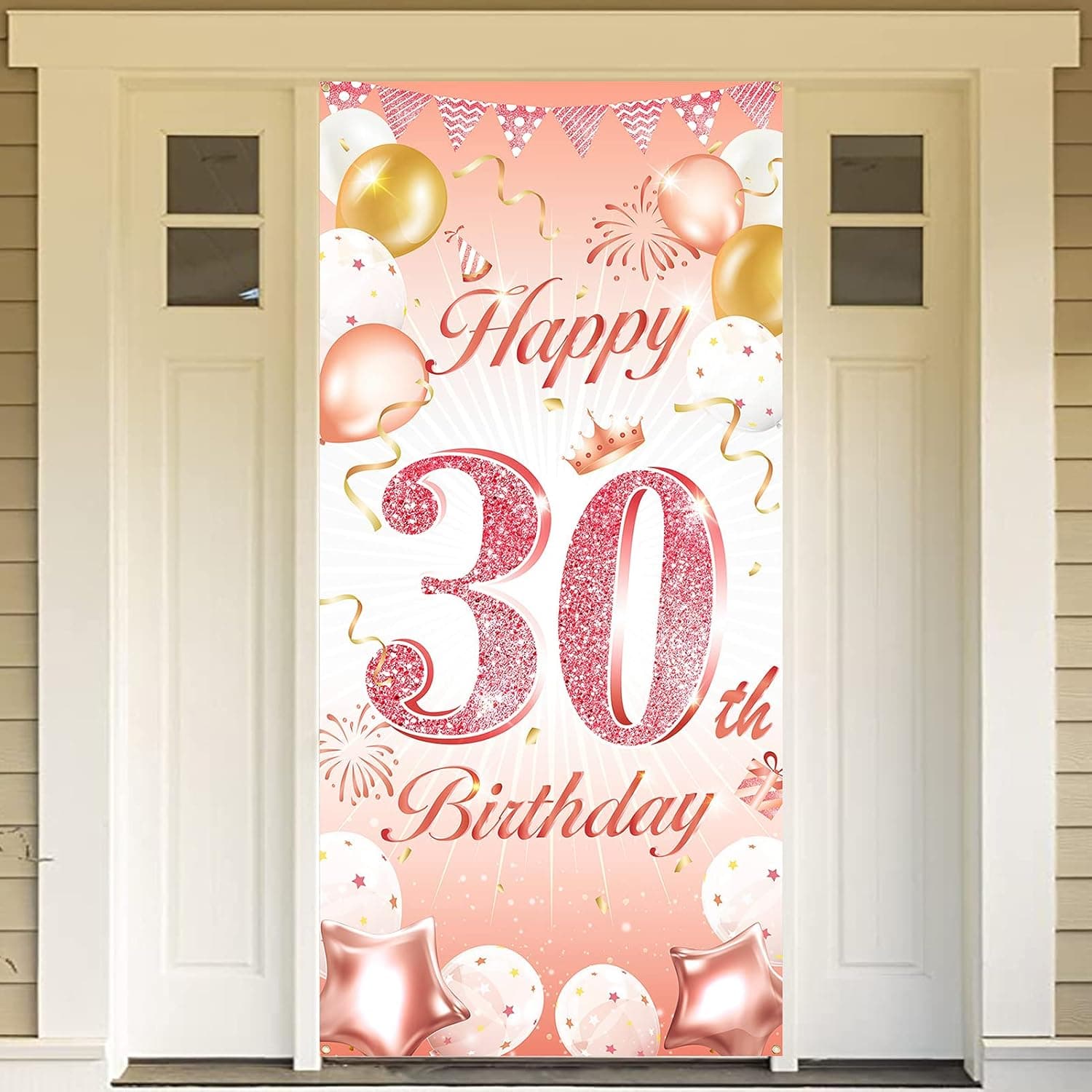 DPKOW Rose Gold 30th Birthday Party Decoration for Woman, Rose Gold 30th Birthday Banner for Backdrop Door Decoration,30th Birthday Background Banner for Garden Wall Decoration, 185 x 90cm Fabric