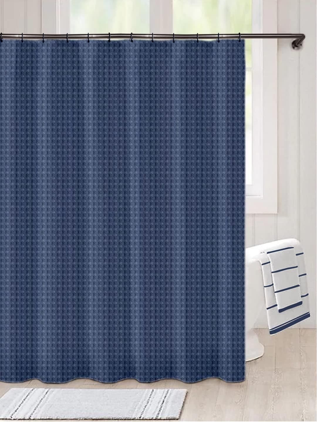 Lushomes Waffle Weave Shower Curtains, 70x72 Inches Bath Cloth Curtain, Thick Heavy Duty Fabric, Blue, with 12 Rust-Resistant Metal Grommets and no Hooks, Machine Washable Polyester Blend