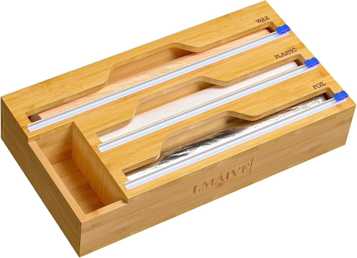 LMAIVE Foil and Plastic Wrap Organizer, 3 in 1 Plastic Wrap Dispenser with Cutter, Aluminum Foil Organization and Storage, Bamboo Plastic Wrap Dispenser Fits for 13’‘ & 15'' Rolls