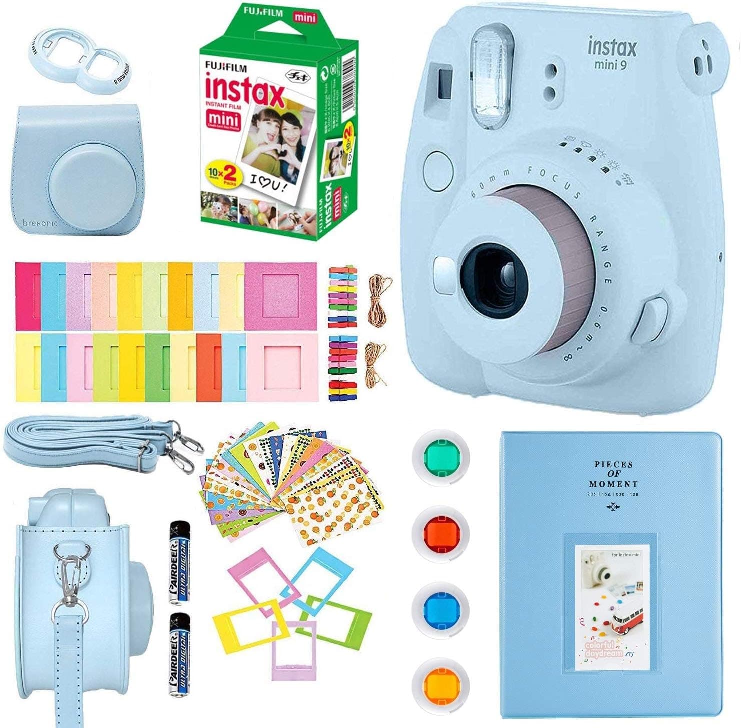 Fujifilm Instax Mini 9 Instant Camera + Fuji Instax Film (20 Sheets) + Accessories Bundle Includes, Carrying Case, Album, Selfie Lens, Frames and Stickers + More (Ice Blue)