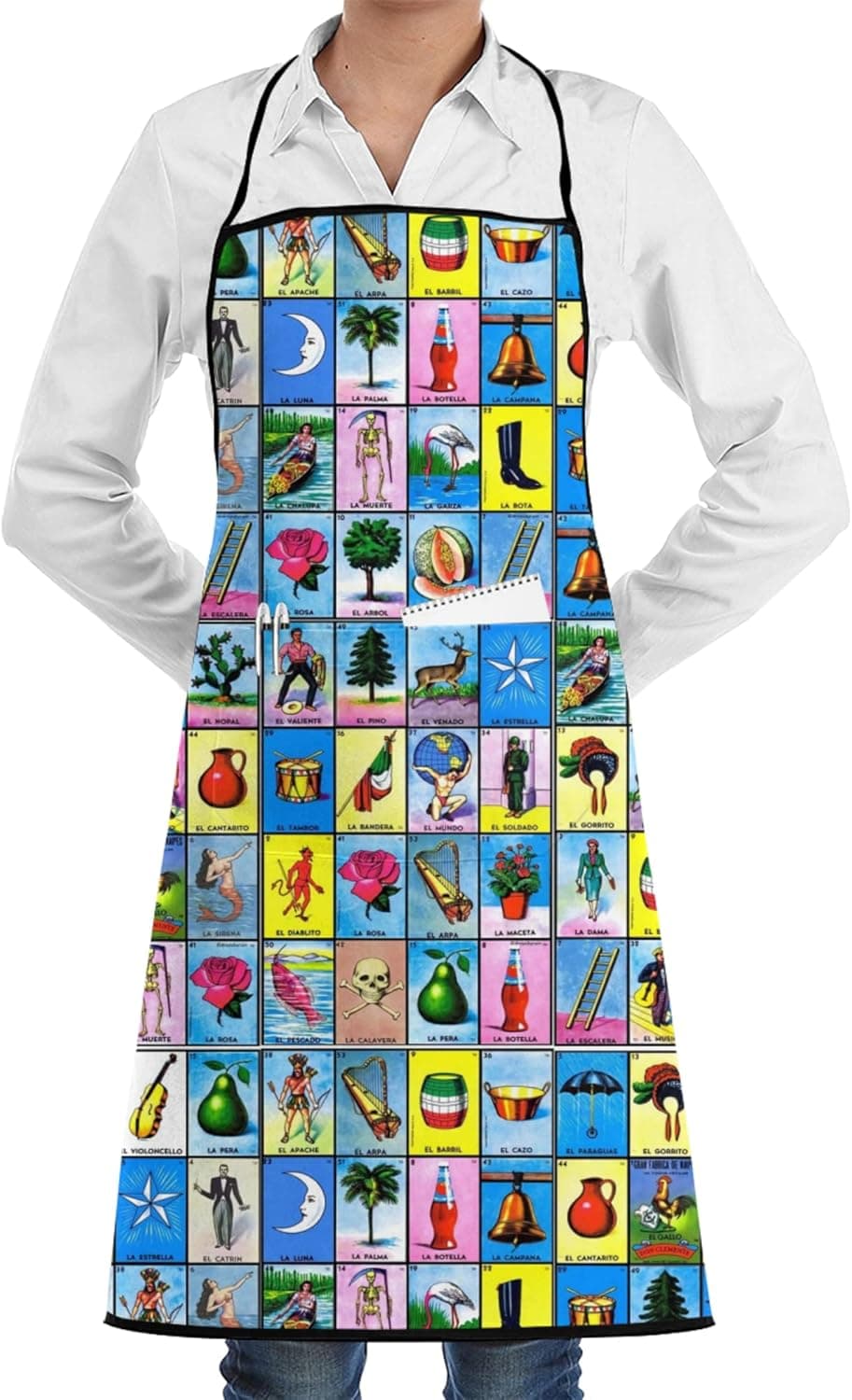 GregTins Colorful Mexican Loteria Cards Apron Bib Apron With Pocket Funny Kitchen Aprons For Women Chef Cooking Aprons For Bbq Drawing,Apron For Birthday,Valentines Day, Mother'S Day, White