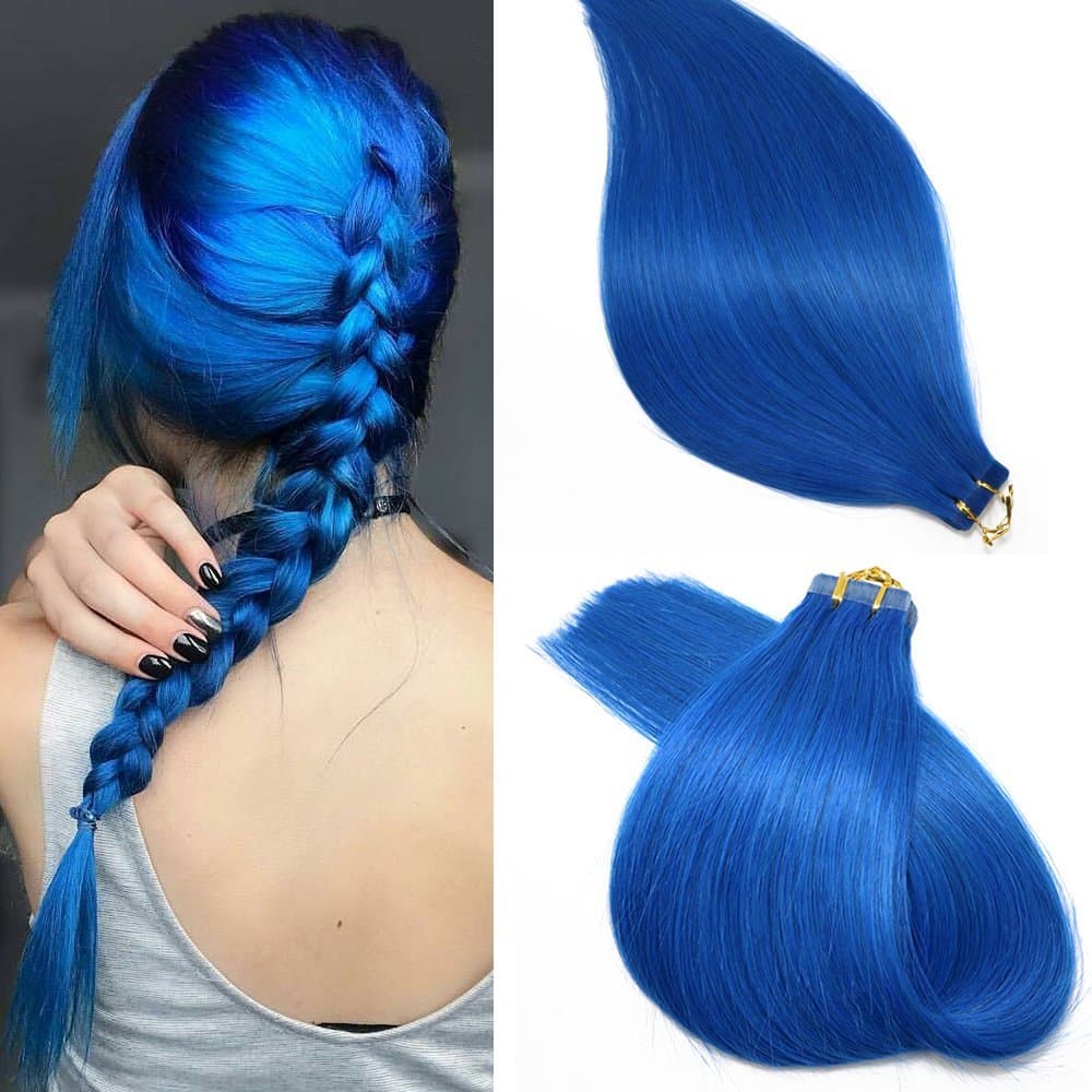 Tape in Hair Extensions #Blue 100% Remy Human Hair Extensions Silky Straight for Fashion Women 20 Pcs/Package(16Inch #Blue 30g)