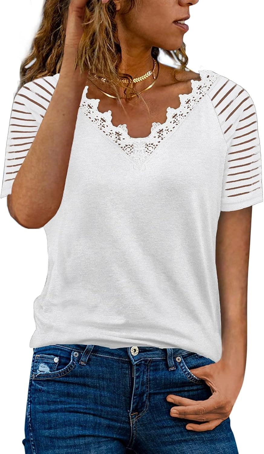 EVALESS Womens Casual Short Sleeve V Neck Shirts Striped Sheer Mesh Patchwork Tops