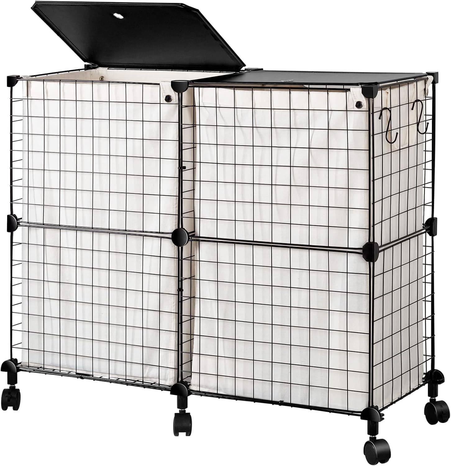 WOWLIVE Double Laundry Hamper with Lid, Foldable Laundry Basket with Wheels and Removable bags,Iron Wire Collapsible Dirty Clothes Hamper Organizer Dorm Room Storage for Bedroom, Bathroom (Black)