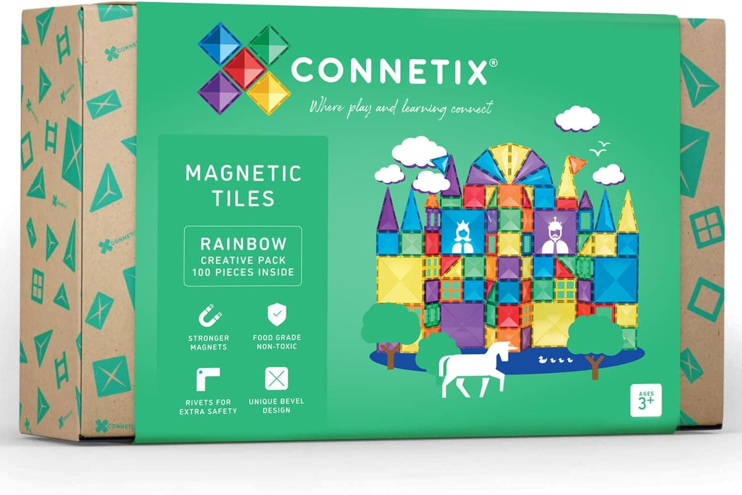 Connetix Tiles, 100 pc Creative Pack of Magnetic Building Tiles for Kids, Colorful Shapes, Fences, and Door Frames to Create Big Castles, Rockets, Bridges, Towers, and More