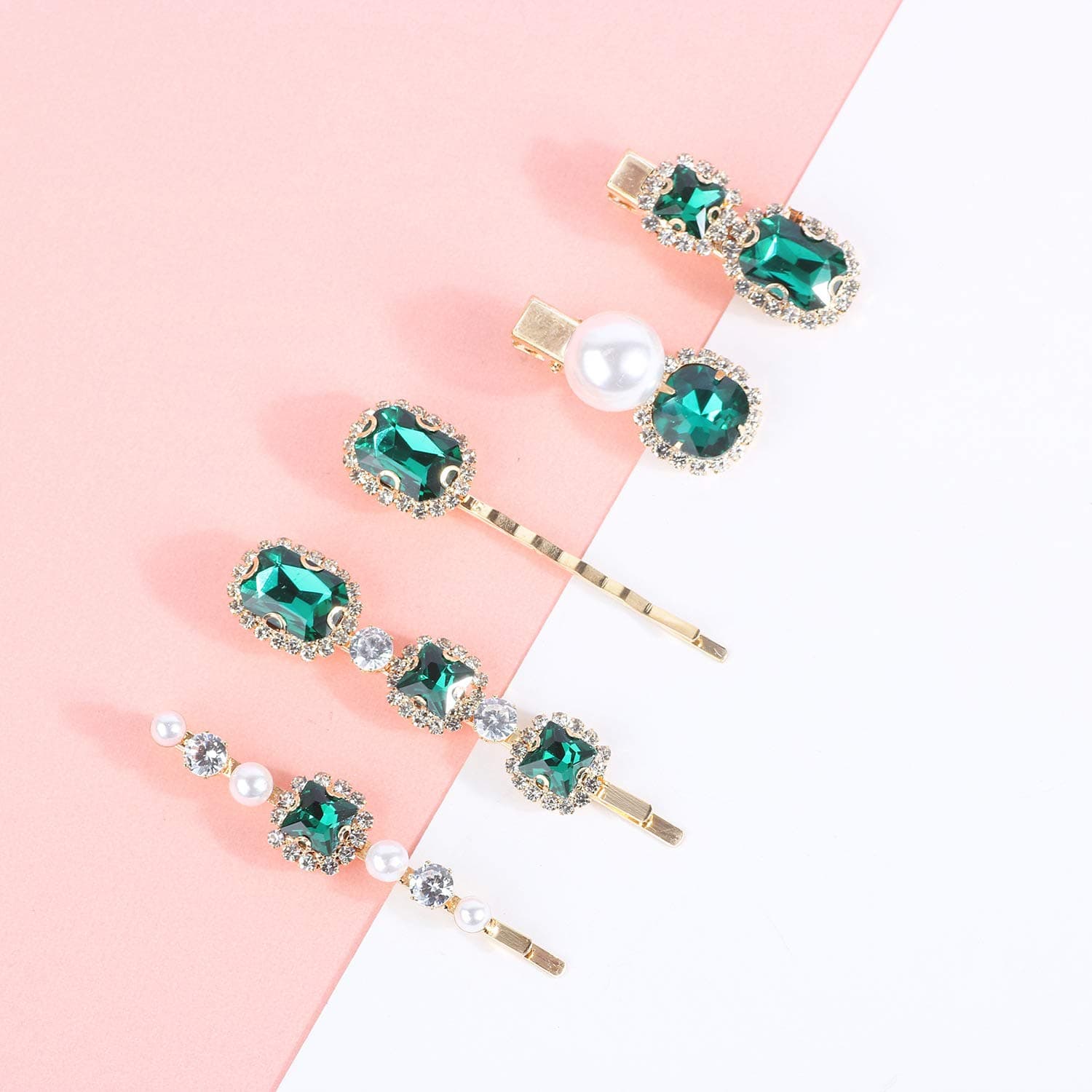 Fineder 5PCS Vintage Green Crystal Pearl Gold Bobby Pins Decorative Hair Slides Clips Accessories Women, Rhinestone Hair Barrette Bobby Pin for Decorative Hair Styling, Mother’s Day Gift