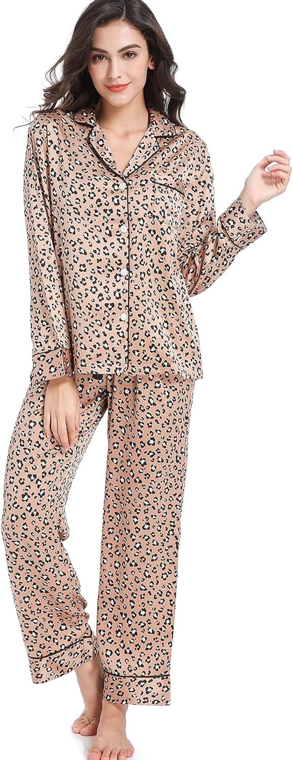 Serenedelicacy Women's Satin Pajama Set 2-Piece Sleepwear Loungewear Long Sleeve Button Down Silky PJ Set