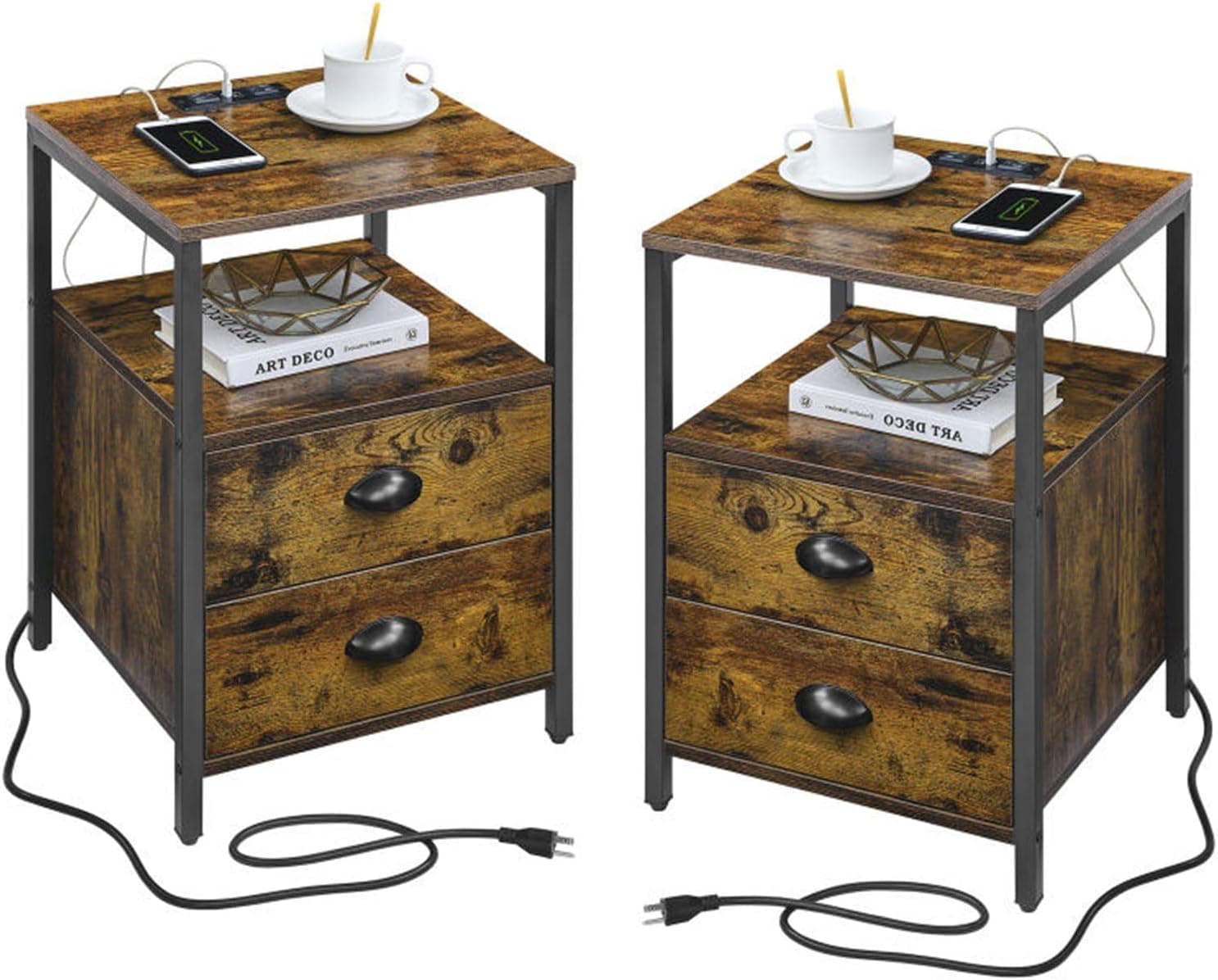 Alohappy Nightstand Set of 2, End Side Table with Charging Station, Bedside Table with 2 Storage Drawers for Bedroom Living Room,Vintage Brown(2 Pack)