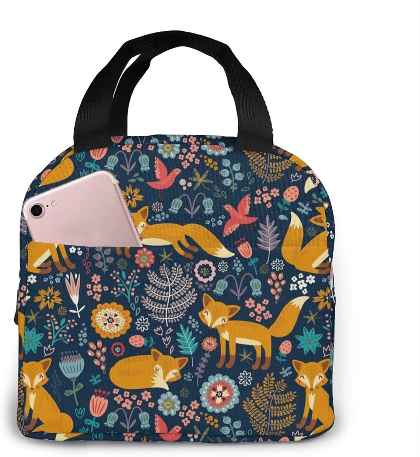 Fox Reusable Lunch Bag Insulated Cooler Tote Bag with Front Pocket for Women Men Office Work School Picnic