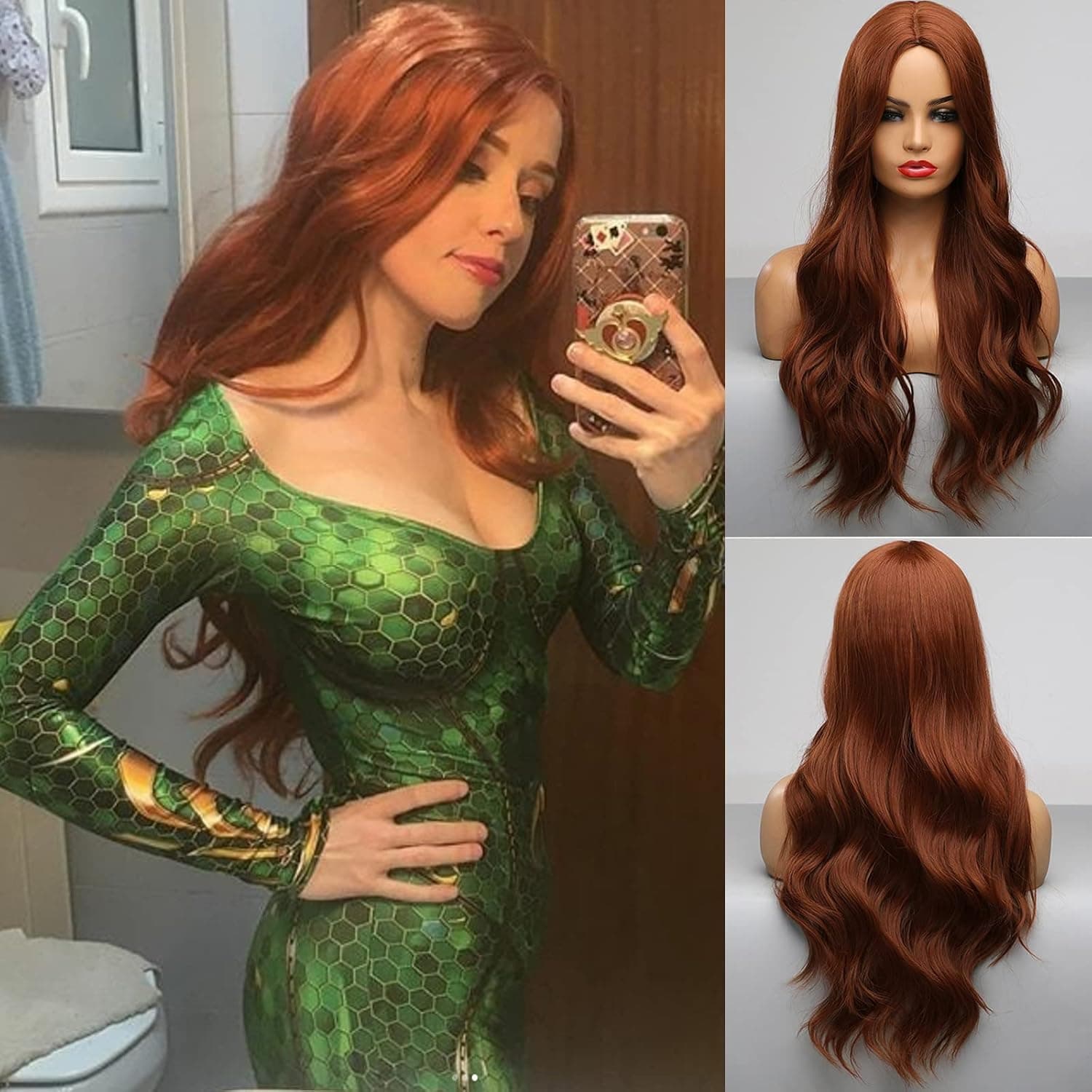 YUSHU Copper Wigs for Women Long Wavy Auburn Wig Natural Synthetic Wig for Cosplay Daily Party Use Heat Resistant Fiber 26 Inch