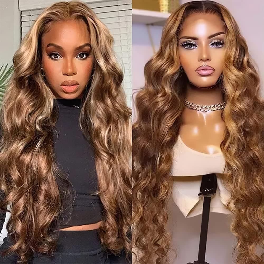 360 Highlight Ombre Lace Front Wigs Human Hair Pre Plucked Honey Blonde Body Wave Lace Front Wigs with Baby Hair Full 360 Glueless HD Transparent Lace Front Human Hair Wigs for women 4/27 Colored Human Hair Wig 150 Density (18 Inch,Highlight Lace Front Wigs Human Hair)