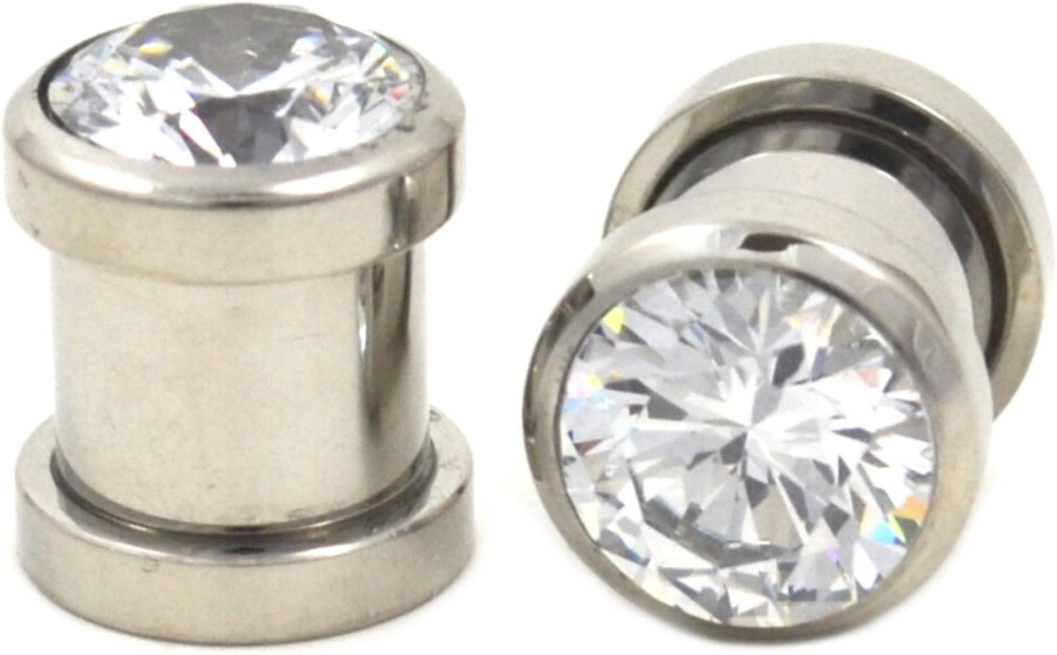 Pair of Clear CZ Large Gem Steel Ear Plugs Screw Fit Gauges - 1 Gauge(1G-7mm)