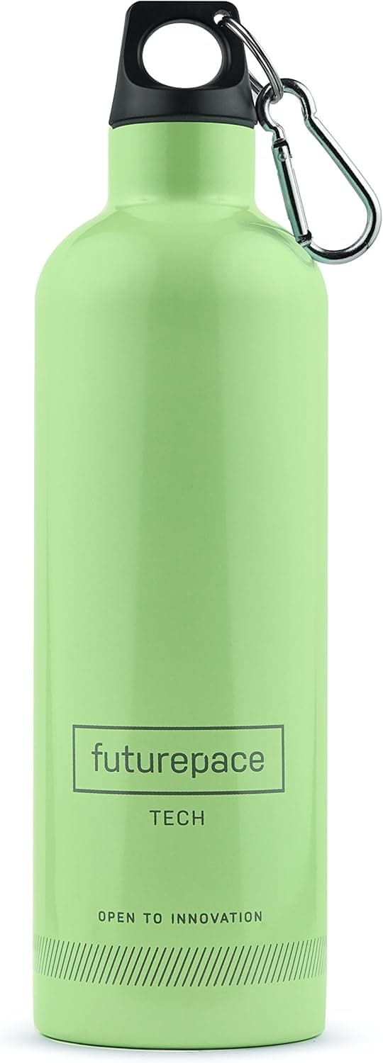 Futurepace Tech Cool ECO Green, Stainless Steel Vacuum Insulated Water Bottle - 20oz/600ml - BPA Free SO Many USES! Hiking, Tennis, Survival, Bushcraft as Well as Organic Wellness, Detox, Yoga