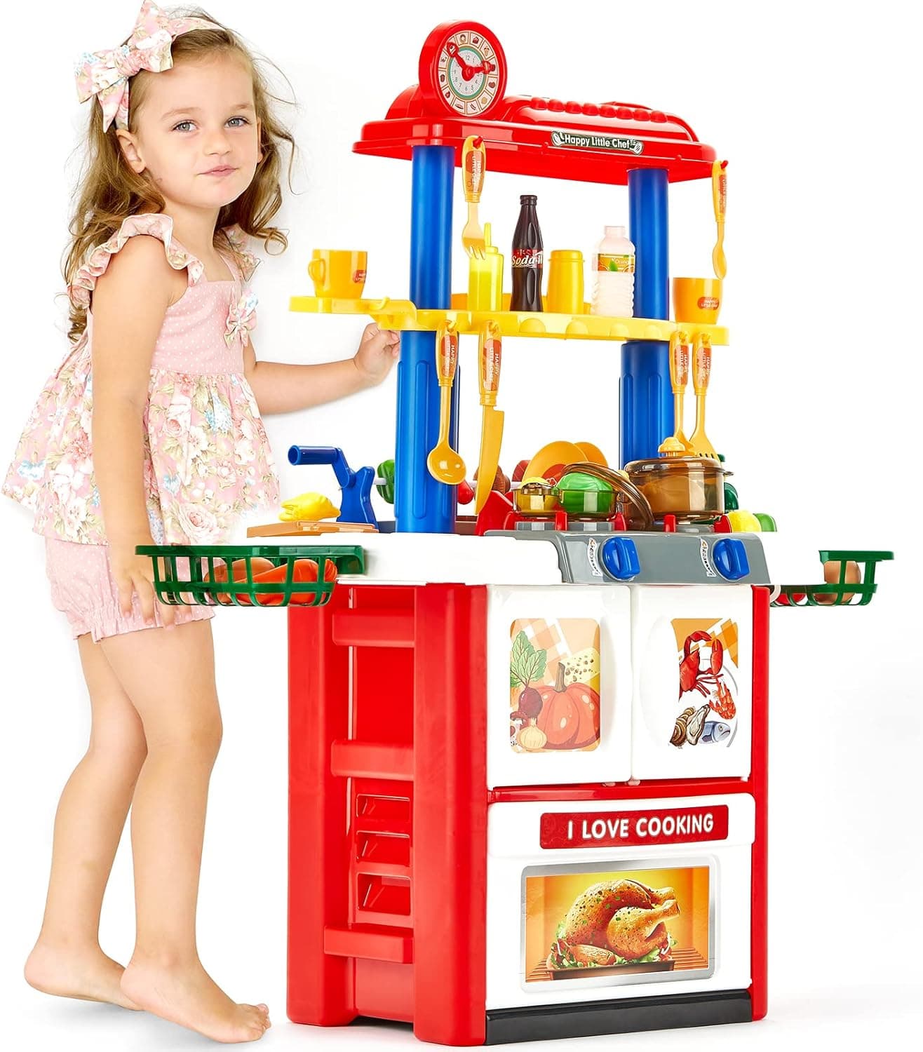 Kitchen Set for Kids - Kids Kitchen Playset with Sink, Cooking Spray, Faucet, Lights, Sounds, BBQ - 33" High Pretend Play Kitchen for Kids Ages 4-8 - Toys for 3 Year Old Girl Birthday Gift